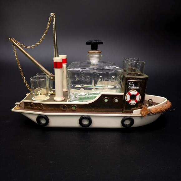 Vintage Music Box Tugboat Decanter w/ 4 Shot Glasses Maritime Home Decor - Picture 2 of 11